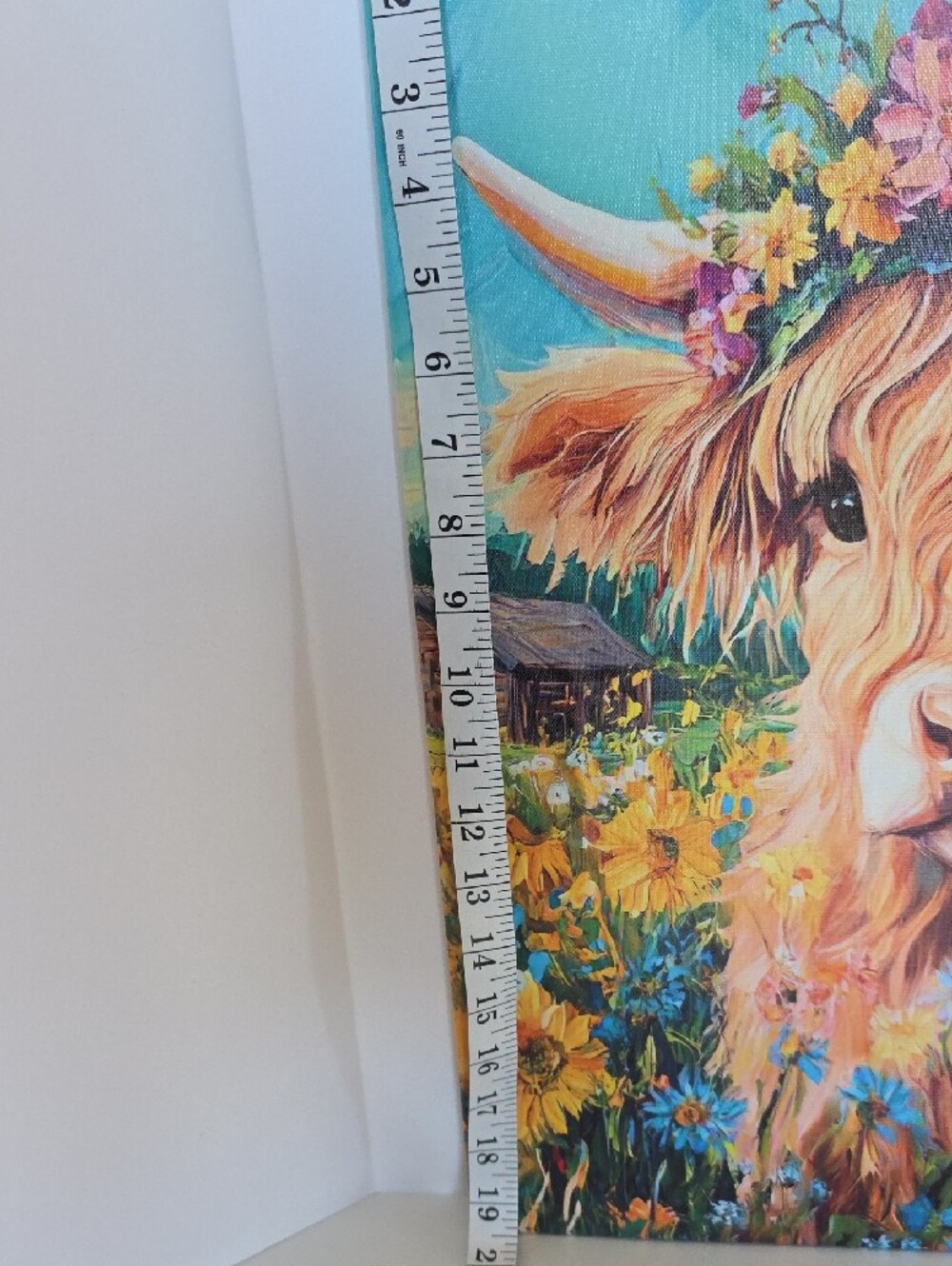 Floral Highland Cow Canvas Art Print - Teal & Yellow - Picture 4 of 5
